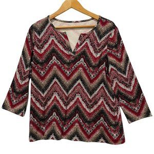 Kim Rogers pullover 3/4 sleeve blouse top sz L large maroon‎ black chevron